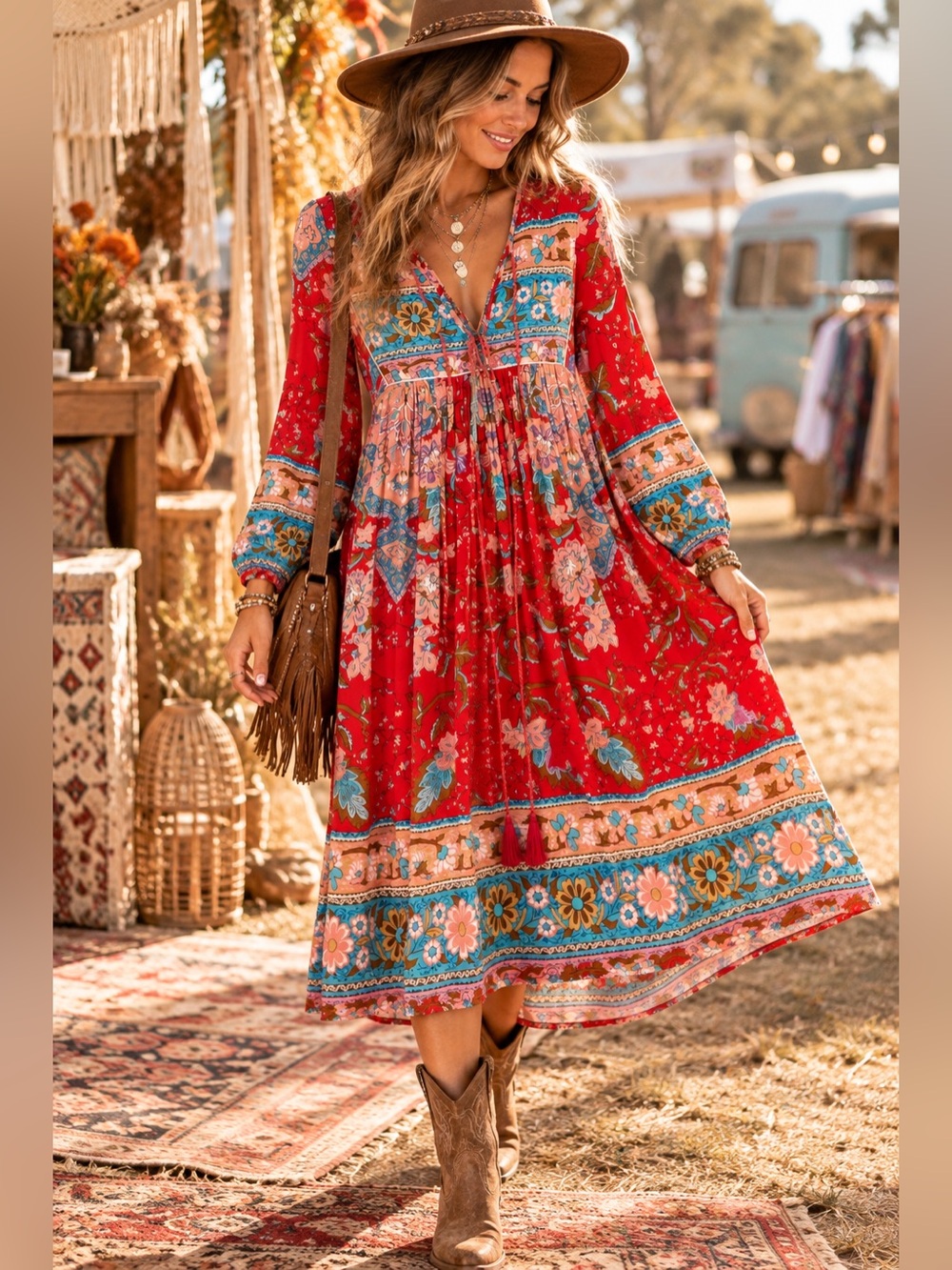 R. Vivimos Red Floral Boho Midi Dress Small 4/6 Tie Neck Long Sleeve Cottagcore